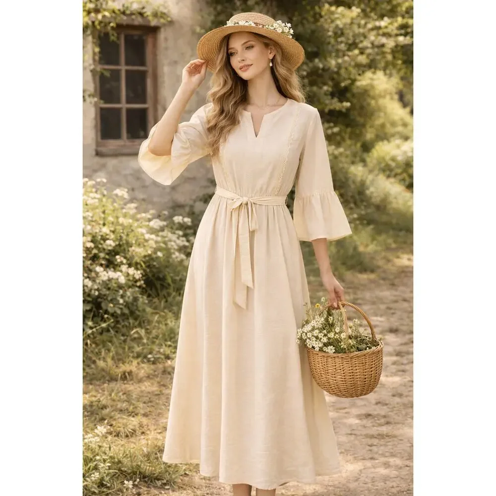 New MEROKEETY Midi Dress Medium Cream Tie Waist Bell Sleeve Cottagecore Milkmaid - Picture 2 of 13